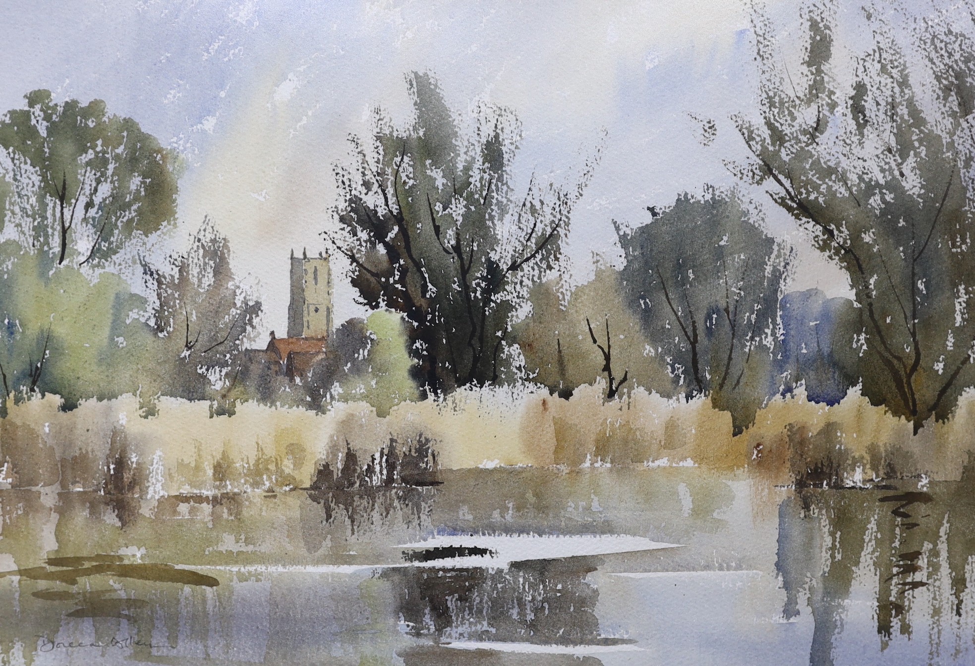 Doreen Allen [Mrs Ronald Crampton] (1916-2000), watercolour, 'Fishing Lake, Fakenham', signed, 32 x 47cm
